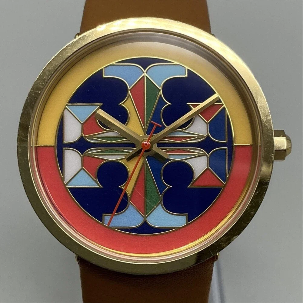 Tory Burch TBW4040 Womens Watch 36mm Multicolor Dial Gold Brown Leather New Batt